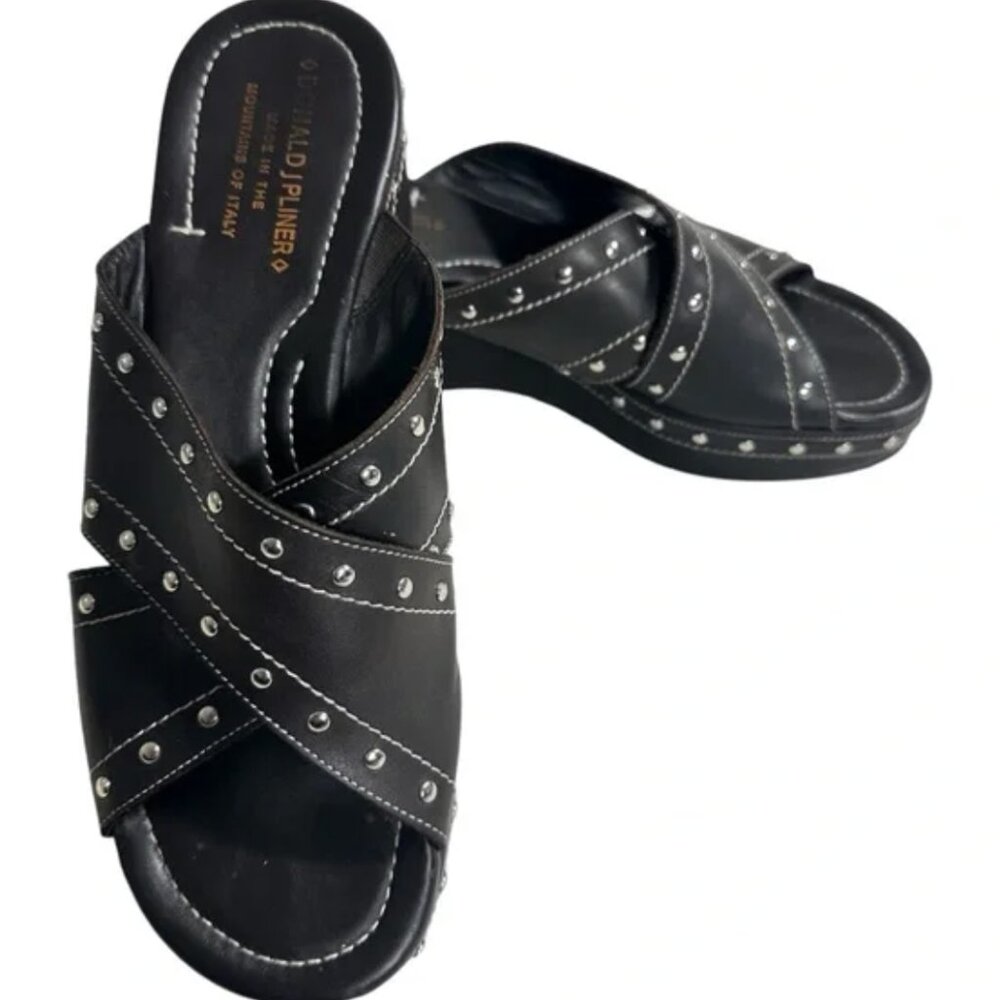 Donald Pliner Syra Womens 8,5 Brown Studded Leather Wedge Sandals Made In Italy